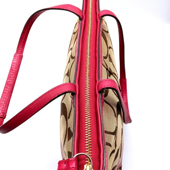 EUC Coach Signature Stripe Patent Leather Tote Shoulder Bag Khaki Pink 12429. - Picture 4 of 15